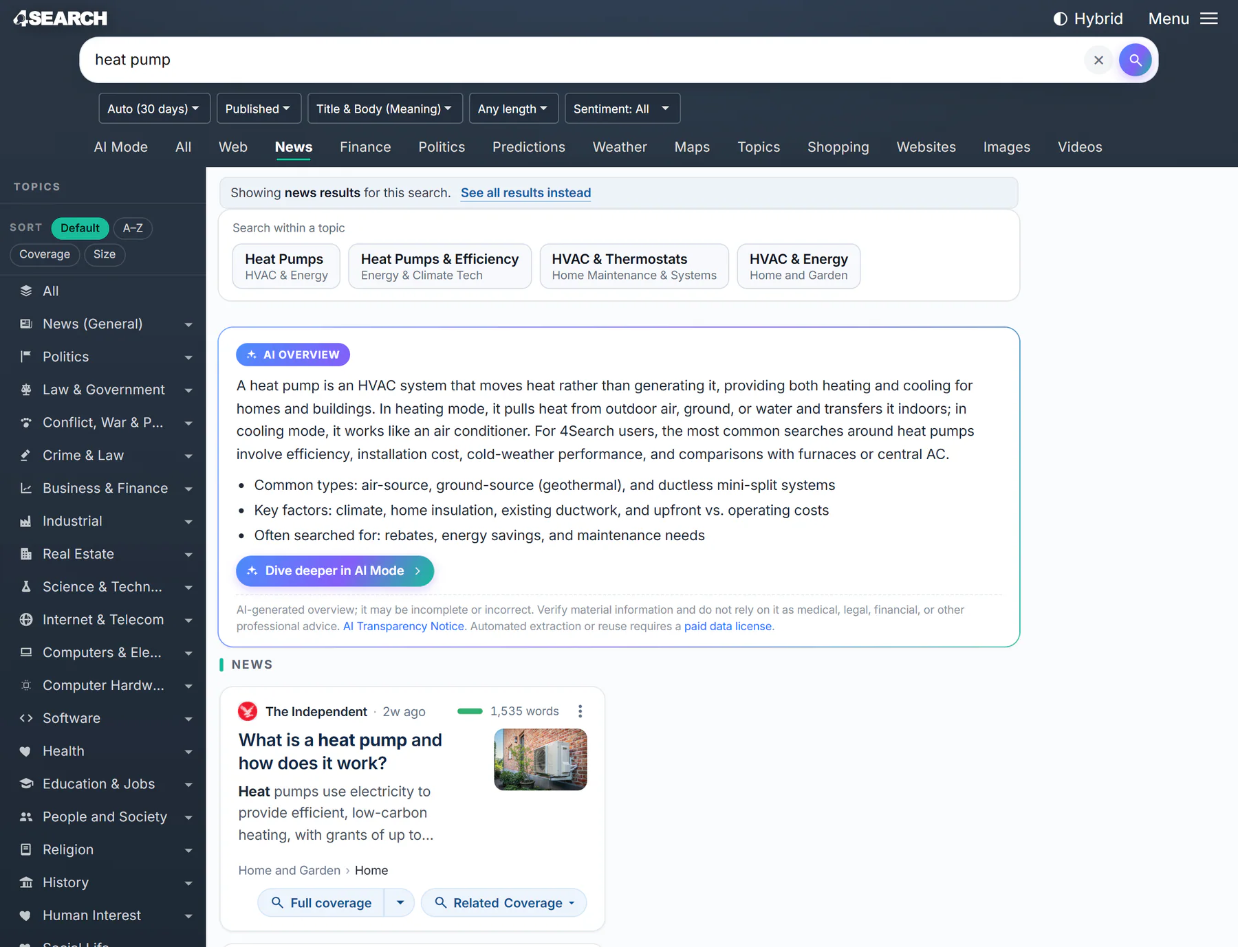Results for heat pump on the News tab: the search box and filters, the tabs with News selected, a line saying news results are shown, topic suggestions, an AI Overview and the first news result